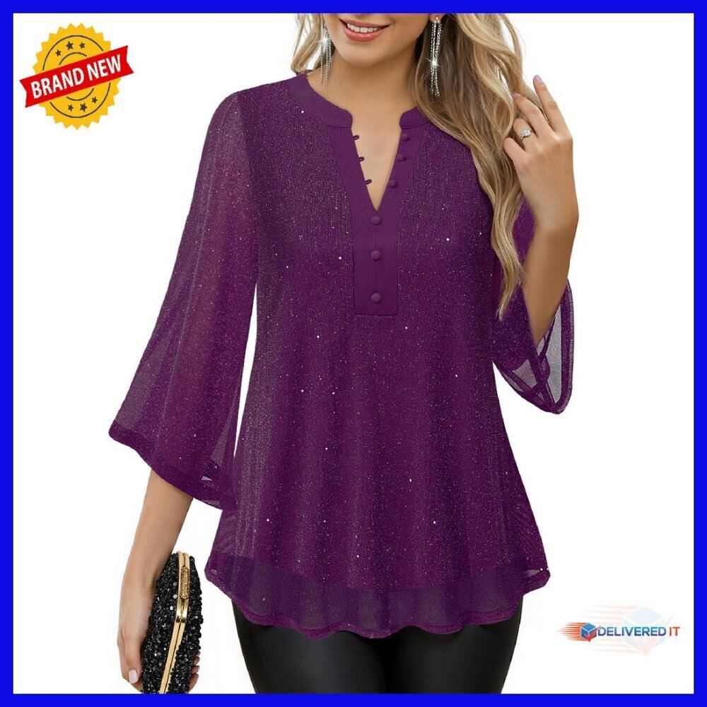 3/4 Sleeve Mesh Blouse Flowy V-Neck Button Down Shirt Dressy Casual